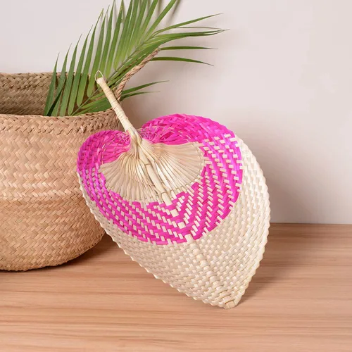 Miniatura 6 de Abanicos de mano de rafia de bambú natural, abanico de bambú de hoja de palmera, estilo chino, hecho a mano, diseño plegable tejido rústico