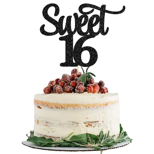 Gyufise 1 decoración para tartas de 16 años con purpurina negra para cumpleaños de 16 años, decoración para felicitaciones a 16 años de edad,