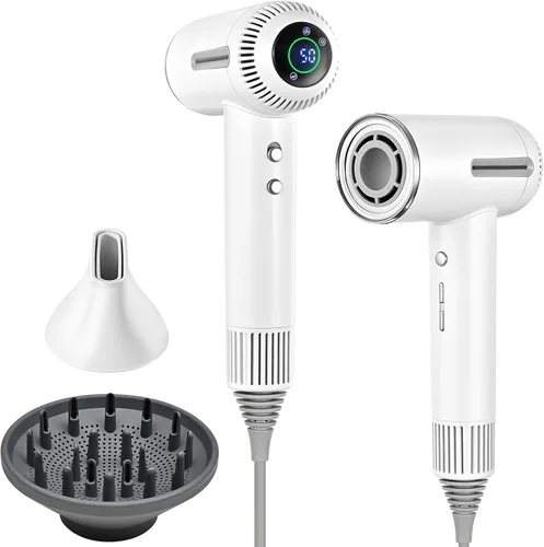 Secador de pelo, secador iónico de alta velocidad de 1600 W con difusor, secador de pelo de plasma con modo facial (blanco)