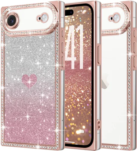 Miniatura 39 de Funda para iPhone 13, funda de diamantes de imitación de lujo con patrón de corazón de amor de cristal [papel con purpurina extraíble], parachoques