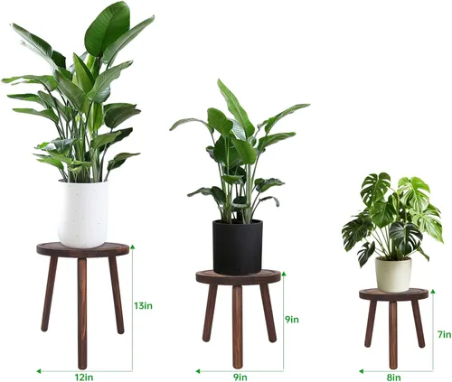Miniatura 2 de Amdermi Paquete de 3 soportes de madera para plantas de interior, soporte para plantas individuales para macetas de 6 a 12 pulgadas, taburete Marrón