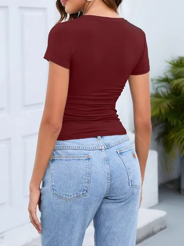 Miniatura 2 de Abardsion Camisetas básicas ajustadas para mujer, estilo casual, manga corta, cuello en V, camisetas de verano