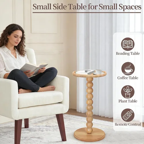 Miniatura 3 de Mesa de bebidas, mesa auxiliar redonda pequeña de ratán bohemio para espacios pequeños, mesa auxiliar circular de madera maciza para sala de estar