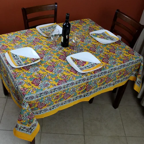 Miniatura 2 de India Arts Mantel cuadrado de algodón con estampado floral de campo francés, sábana de playa (amarillo, mantel de 72 x 72 pulgadas)