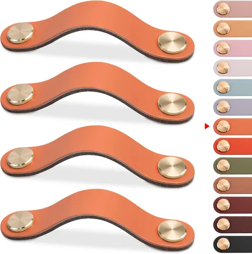 Miniatura 11 de Paquete de 4 tiradores de cuero para cajones, color beige, pomos de puerta de armario de 3.7 pulgadas, tiradores de piel sintética para tocador