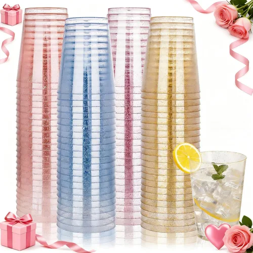Miniatura 12 de DaYammi Paquete de 200 vasos de plástico dorados de 10 onzas, vasos de vino desechables con borde dorado, vasos de vino desechables de lujo, vasos
