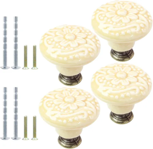 4 pomos de cerámica beige, perillas vintage y retro de cocina y tocador, tiradores decorativos para cajones para puertas de armarios, armarios y
