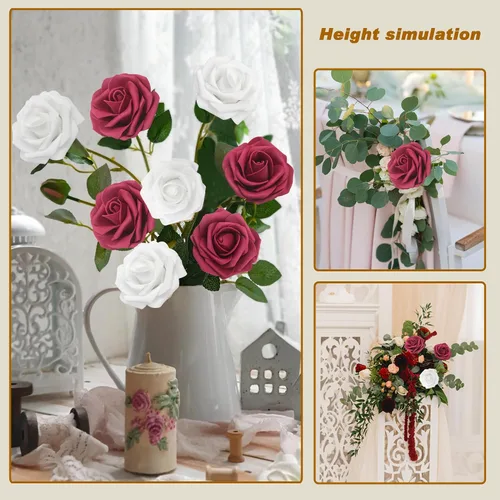 Miniatura 4 de Flores Artificiales Rosas Realistas, 50 piezas de rosas falsas con tallo de aspecto real para ramos de boda DIY, centros de mesa, despedida