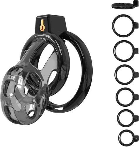 Miniatura 14 de Jaula de castidad masculina jaula suave para polla de castidad con 6 anillos, un catéter, dispositivos de castidad para hombres, ejercicios de pene
