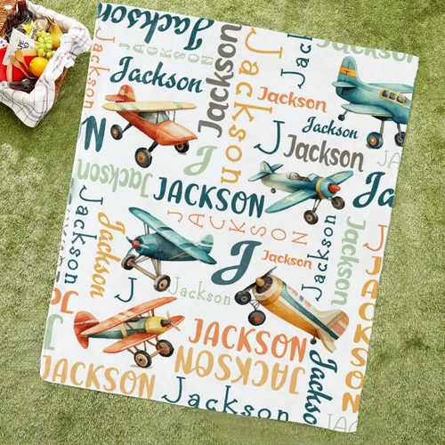 Miniatura 3 de Manta de avión con nombre personalizado, regalo de avión para niños, manta de avión con nombre personalizado para bebés, manta de franela suave