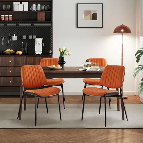 Miniatura 10 de Juego de 2 sillas de comedor tapizadas modernas de mediados de siglo con respaldo de nogal, sillas laterales de piel sintética con acento retro