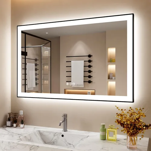 Miniatura 10 de Espejo de baño LED de 60x36 pulgadas con marco negro, espejos de baño retroiluminados y con luz frontal para pared, antiempañamiento, regulable