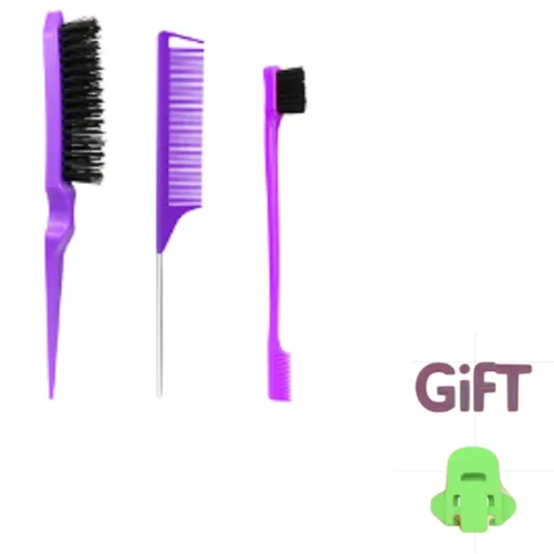Miniatura 3 de Peine morado de 3 piezas, juego de cepillos de espalda lisa, cepillo ventilado, peine de dientes anchos, cepillo de burlas para alisar el cabello