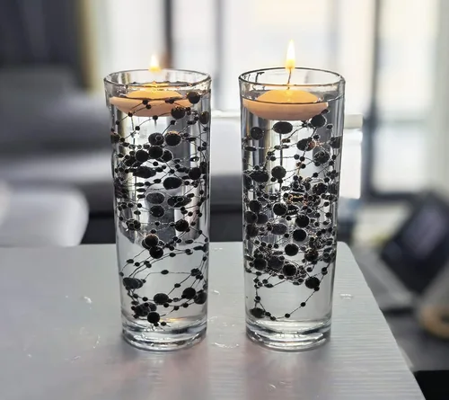 Miniatura 2 de 50 piezas de cadena de perlas para centro de mesa de velas flotantes, relleno de jarrón de perlas sintéticas negras para decoración de mesa de boda.