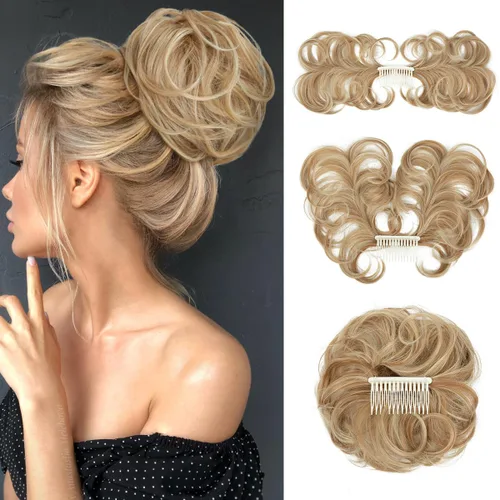 Miniatura 48 de Postizo de Cabello de Moño Despeinado con Peine Lateral Clip en Postizo de Moño para Mujeres Corto Natural Liso Versátil Estilos Ajustables Piezas
