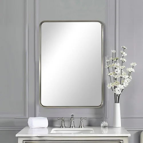 ANDY STAR - Espejo de baño de 22x30 pulgadas con acabado de níquel cepillado, espejo rectangular redondeado de níquel cepillado para tocador de baño
