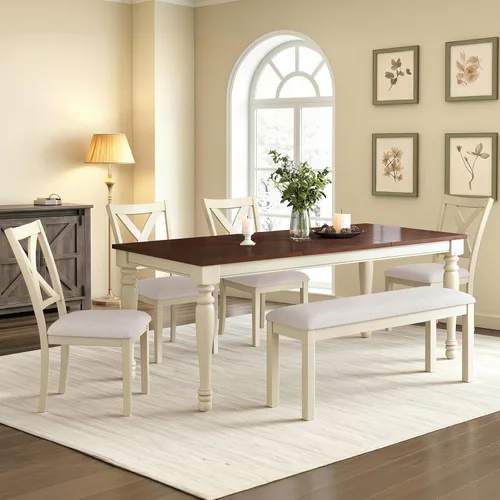 Miniatura 11 de LUXOAK Juego de mesa de comedor de madera maciza de 60 pulgadas para 6, mesa de cocina de granja con 4 sillas tapizadas y banco, 6 piezas de muebles