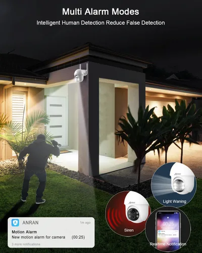 Miniatura 7 de ANRAN Cámara de seguridad inalámbrica para exteriores, cámara solar 2K para exteriores con visión de 360°, sirena inteligente, focos, visión 2-Blanco