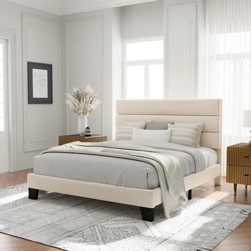 Miniatura 3 de Allewie Base de cama de plataforma tamaño Queen con cabecera tapizada de terciopelo y soporte de listones de madera, base de colchón totalmente Crema