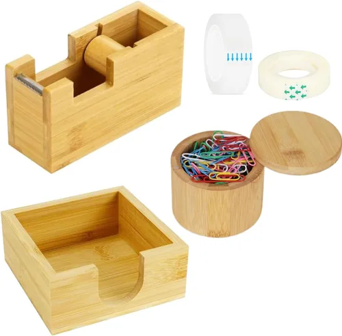 Miniatura 9 de MultiBey 4 organizadores de escritorio de nogal para suministros de oficina, soporte de notas adhesivas de madera, dispensador de cinta, soporte
