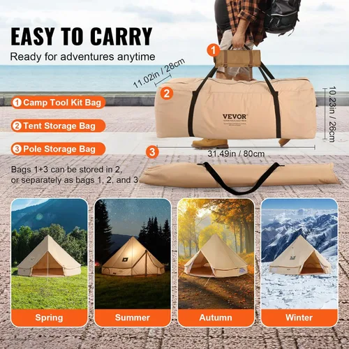 Miniatura 7 de VEVOR Tienda de Campana de Lona, Yurta de 4 Estaciones para Acampar con Toma de Estufa, Transpirable, Sostiene hasta 4 Personas, Acampada Familiar