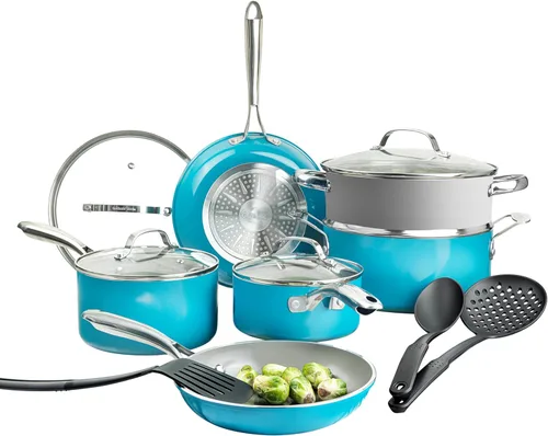 GOTHAM STEEL Juego de utensilios de cocina de cerámica de 15 piezas, juego de ollas y sartenes de cerámica antiadherentes con utensilios de cocina y