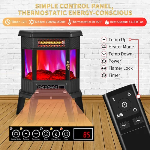 Miniatura 5 de RealSmart Calentador eléctrico de chimenea de 22 pulgadas, estufa de chimenea independiente de cuarzo infrarrojo para uso en interiores con control