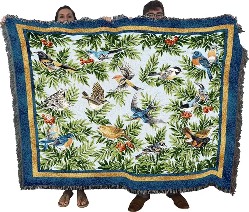 Pure Country Weavers Manta de pájaros cantores por Elena Vladykina – Tapiz de regalo floral de jardín de pájaros, manta tejida de algodón, fabricada