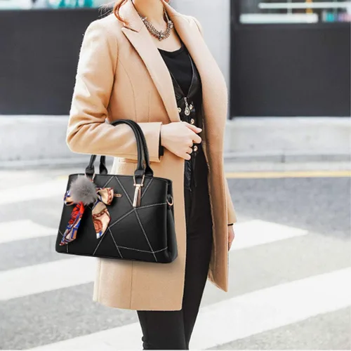 Miniatura 3 de Bolsos de cuero para mujer, bolso de hombro con asa superior, con pompón y lazo