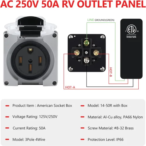 Miniatura 2 de Newdeli Caja de toma de corriente de 50 amperios NEMA 14-50R Rv Panel de toma de corriente eléctrica de 125/250 voltios, caja de salida impermeable