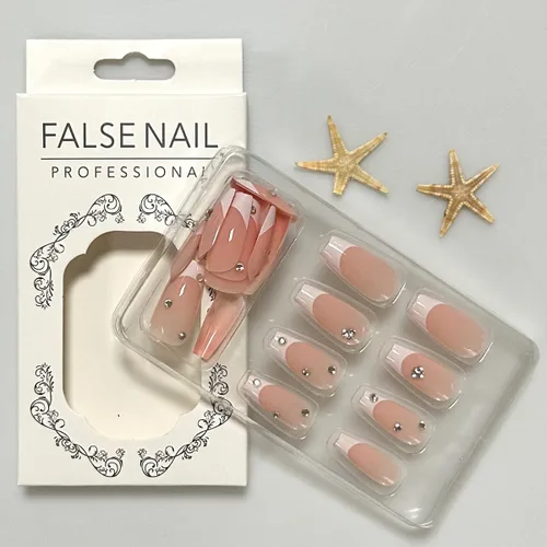 Miniatura 4 de Uñas postizas a presión con puntas francesas, uñas postizas de color rosa medio con diamantes de imitación brillantes, uñas postizas acrílicas