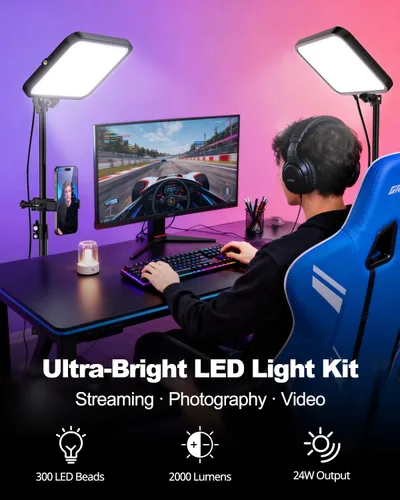 Miniatura 2 de UBeesize - Pack de 2 luces de video LED, luces de estudio para fotografía regulables de 3000-6500K con soporte para trípode y soporte para teléfono
