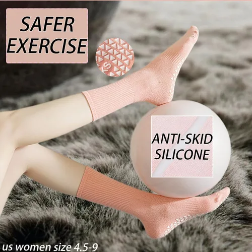 Miniatura 10 de Calcetines de agarre para mujer, calcetines de yoga para pilates, antideslizantes, barre danza, hospital, correr, lindo, de algodón, 3/4 pares
