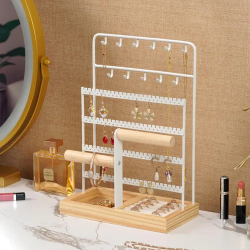 Miniatura 4 de JAZUIHA Organizador de joyas con organizador de aretes, collar y pulsera, colgador de 3 niveles para exhibición de joyas y almacenamiento de aretes