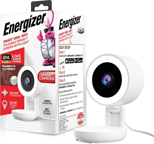 Miniatura 9 de Energizer Cámara interior inteligente con cable 2K con luz para visión nocturna, Wi-Fi de 5 GHz y 2.4 GHz, plegable para privacidad, acceso remoto