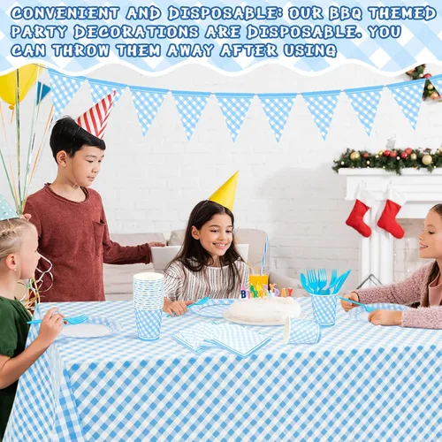 Miniatura 6 de Preboun 198 piezas de suministros de fiesta a cuadros para 24 invitados, mantel a cuadros, banderín, placa, servilleta y cubiertos para picnic, Azul