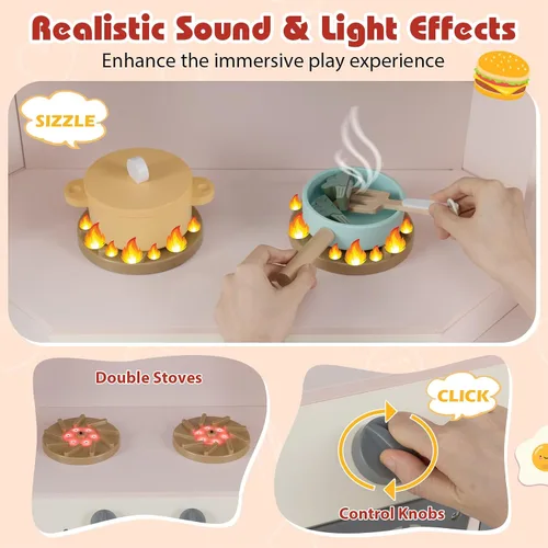 Miniatura 4 de Costzon Cocina de Juego de Esquina, Cocina Grande de Juego de Simulación con Luz y Sonido Reales, Bote de Basura Extraíble, Estufas, Microondas