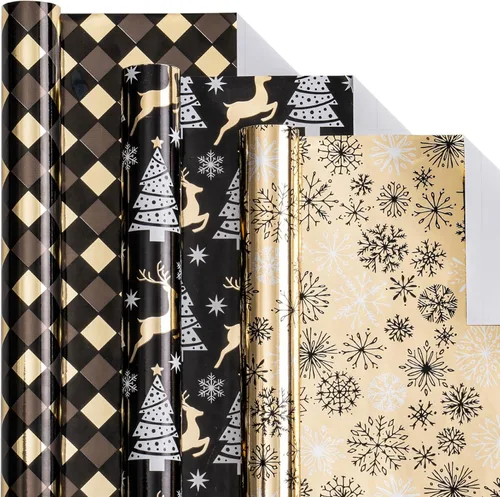 Miniatura 9 de LeZakaa Mini rollo de papel de regalo de Navidad, diseño de campana y árbol/bastones de caramelo/copos de nieve, blanco y negro, para envolver
