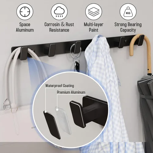 Miniatura 3 de Perchero de Pared para Abrigos con Soporte de Pared - Perchero Negro con 6 Ganchos, Ganchos de Pared para Colgar Sombrero, Llave, Bolso, Toalla