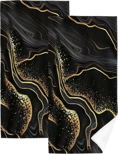 Juego de 2 toallas de mano de baño con textura de mármol, suaves, absorbentes, negras y doradas, toallas decorativas para baño, cocina, deportes,