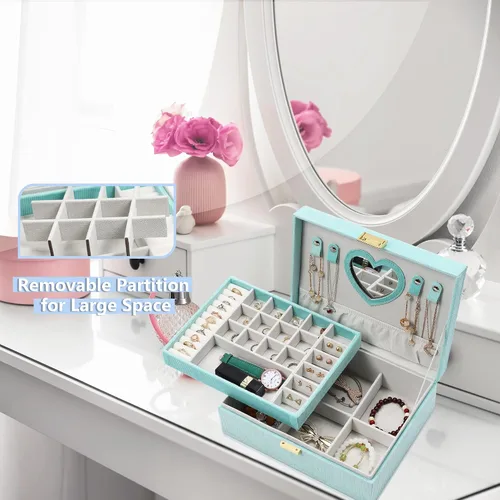 Miniatura 4 de Dajasan Cajas de joyería para mujeres y niñas, caja organizadora de joyas, caja de joyería grande de terciopelo de 2 capas para anillos, collares