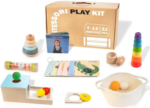 WOODMAM Juguetes Montessori para bebés de 6-12 meses, conjunto de juguetes educativos de madera 9 en 1, incluye caja de permanencia del objeto,