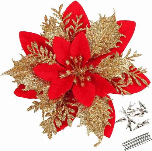 Miniatura 8 de GREENTIME 12 flores de pascua artificiales con purpurina de 5.5 pulgadas, tallos de Navidad, adornos para árbol de Navidad para fiesta de Año Nuevo