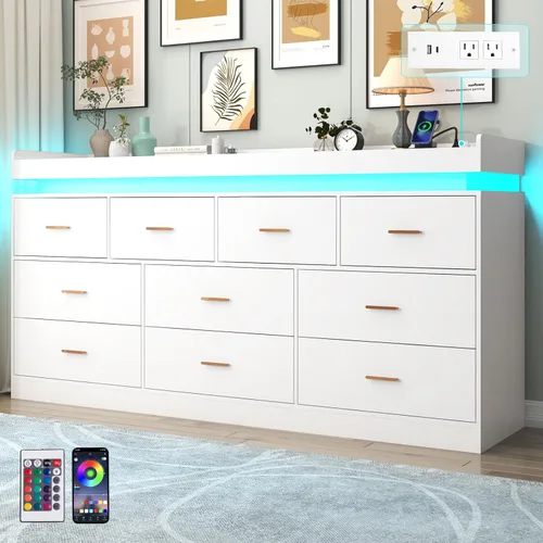 Miniatura 21 de Hlivelood Cómoda de 8 cajones con luz LED y estación de carga, cómoda moderna para armario, armario organizador de cajones anchos para dormitorio