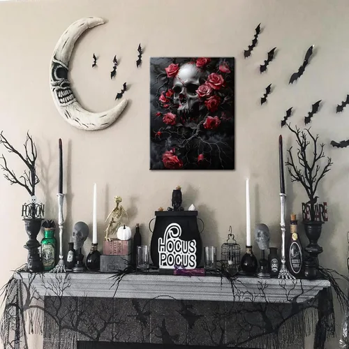 Miniatura 9 de Juego de 3 lienzos góticos para pared, diseño de rosas románticas de Halloween, decoración de pared, pósteres de calavera de cuervo gótico oscuro