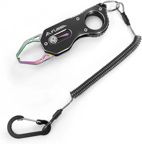 FLISSA Fish Gripper, Fish Lip Grip Tool with Carabiner and Spring Anti-Lost Rope, Durable Stainless Steel Fish Grabber Gripper, Lightweight Holder
