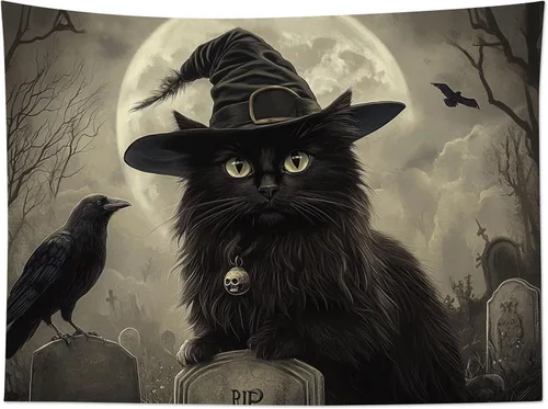Miniatura 22 de EOBTAIN Scary Halloween Tapestry Gothic Black Crow Skull in Horror Graveyard Tapestry Wall Hanging Spooky Raven under Misty Full Moon Night Wall Art