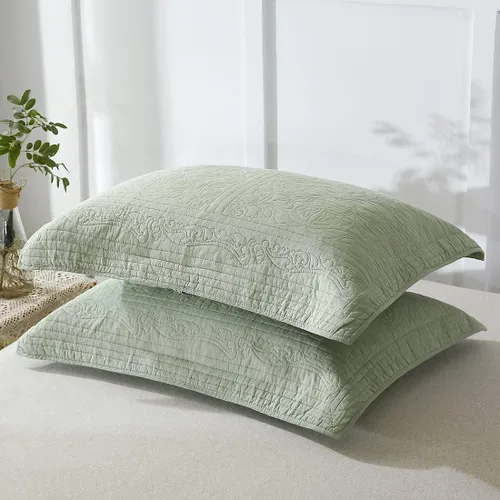 Miniatura 2 de WINLIFE Juego de 2 fundas de almohada acolchadas 100% algodón, estampado floral, tamaño King, color verde