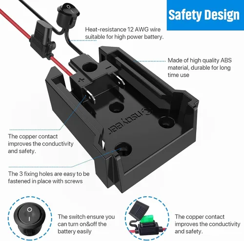 Miniatura 6 de Convertidor de corriente CC y adaptador de rueda de alimentación con fusible e interruptor para batería Milwaukee de 18 V, CC reductor de 18 V a 12