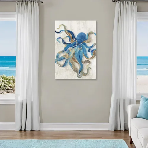 Miniatura 4 de Arte de Lienzo de Pulpo para Pared Pintura Temática de Vida Oceánica Imagen de Animal Marino Azul y Dorado Obra de Arte Costera Imagen de Pulpo